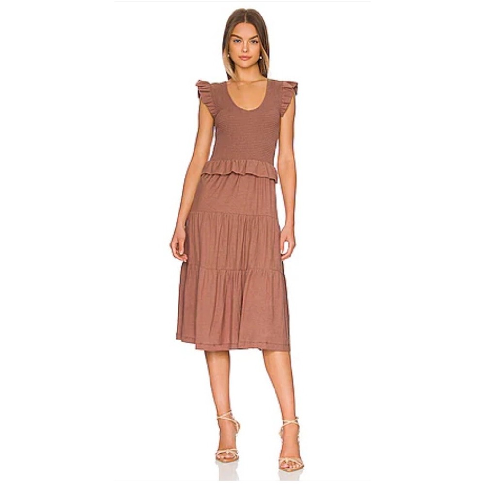 Nation LTD Fabienne Fleur Brown Smocked Tiered Ruffle Midi Dress Small